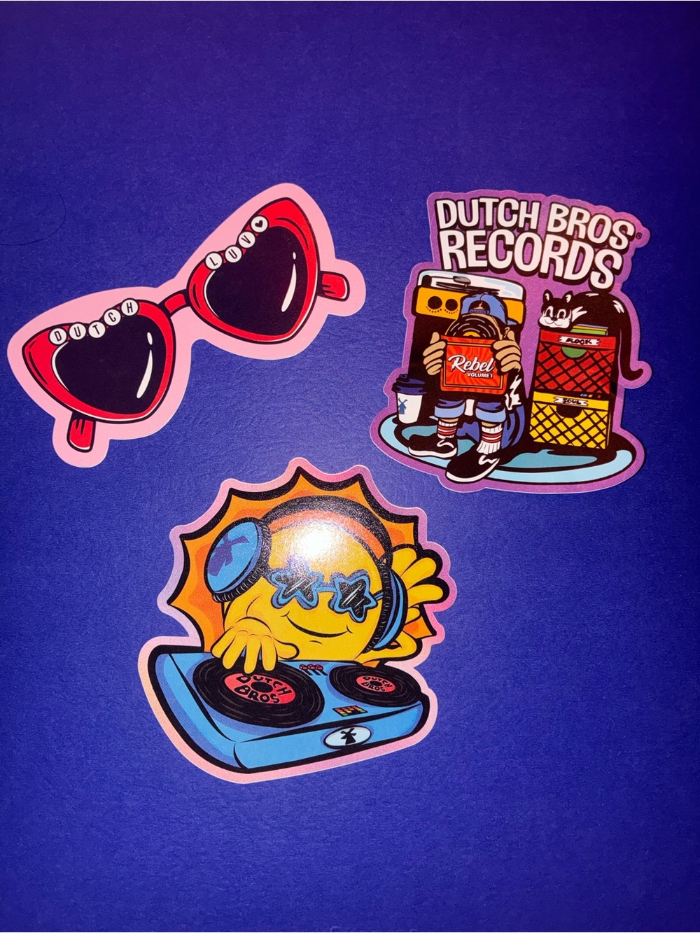 Dutch Bros Colorful Vinyl Sticker Trio - Pink, Yellow, Red, Blue